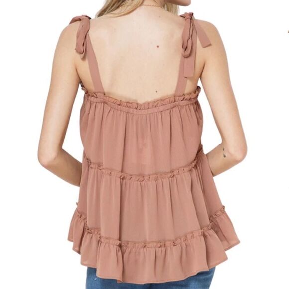 Cozy Co. Casual Boutique Sand Tiered Shoulder Tie Strap Woven Tank - Picture 6 of 7